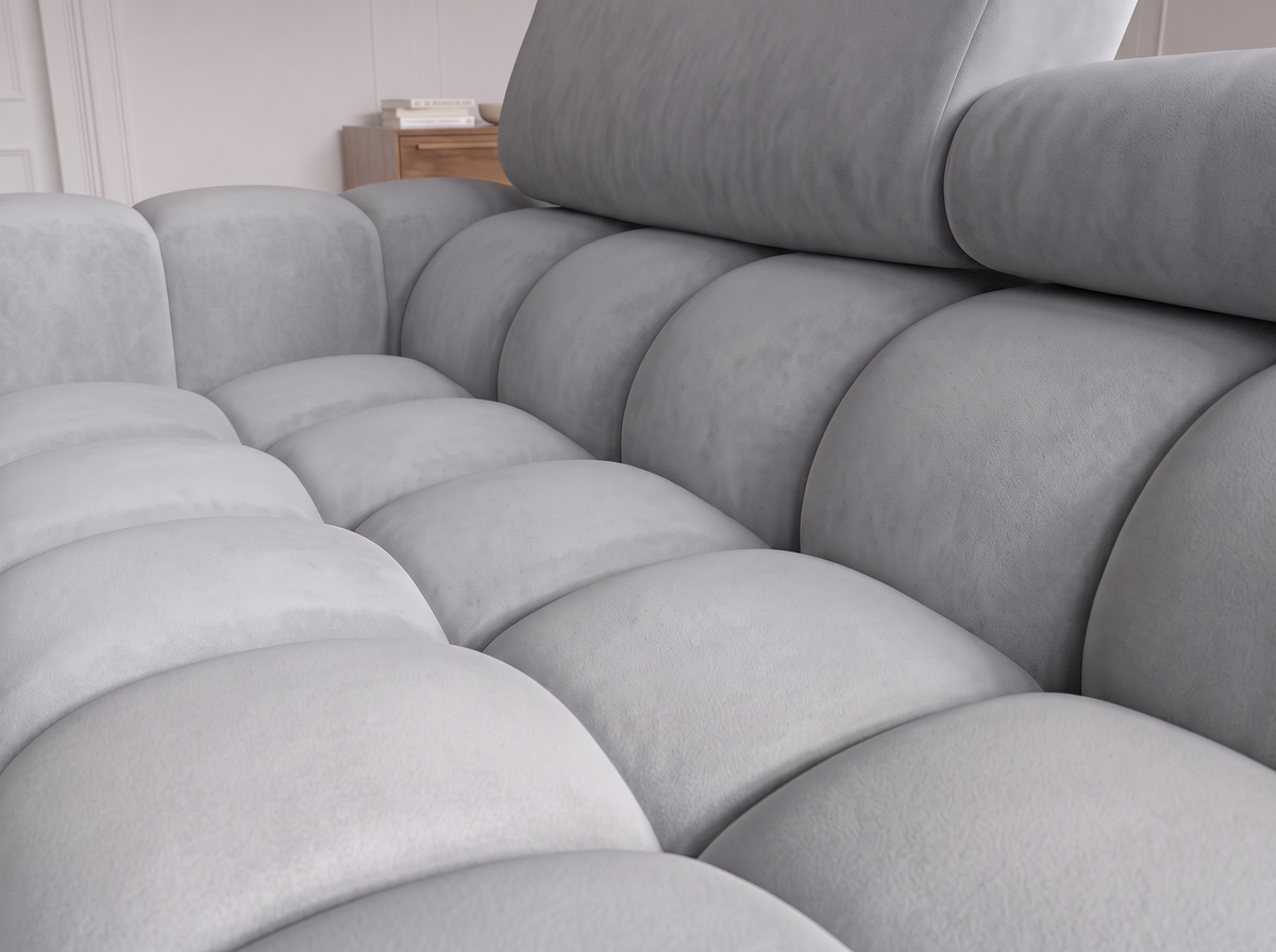 MONTCEAU ANGLE — Canapé d’angle velours gris clair à assise capitonnée