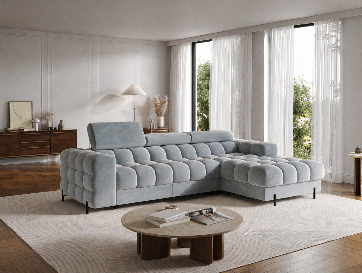 MONTCEAU ANGLE — Canapé d’angle velours gris clair aux assises généreuses