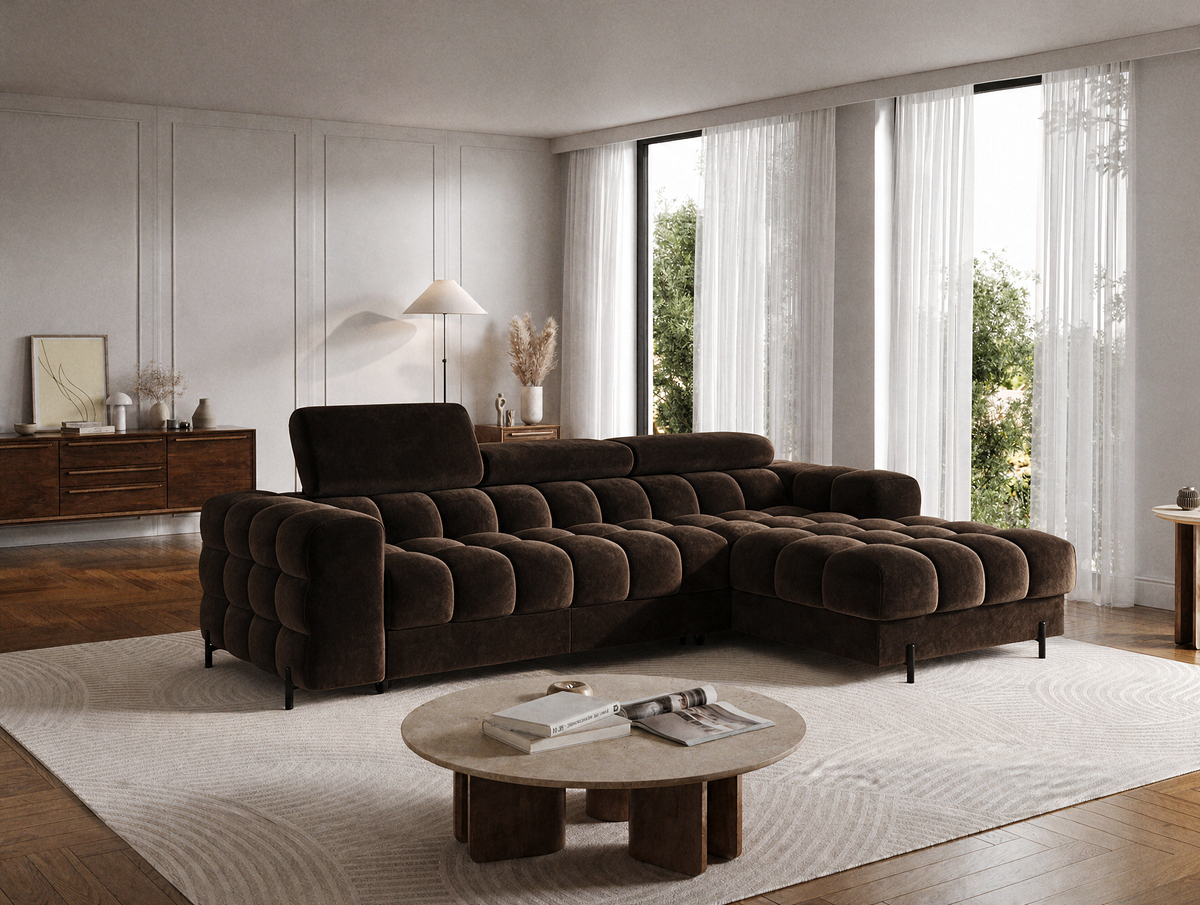 MONTCEAU ANGLE — Canapé d’angle velours marron foncé aux assises généreuses