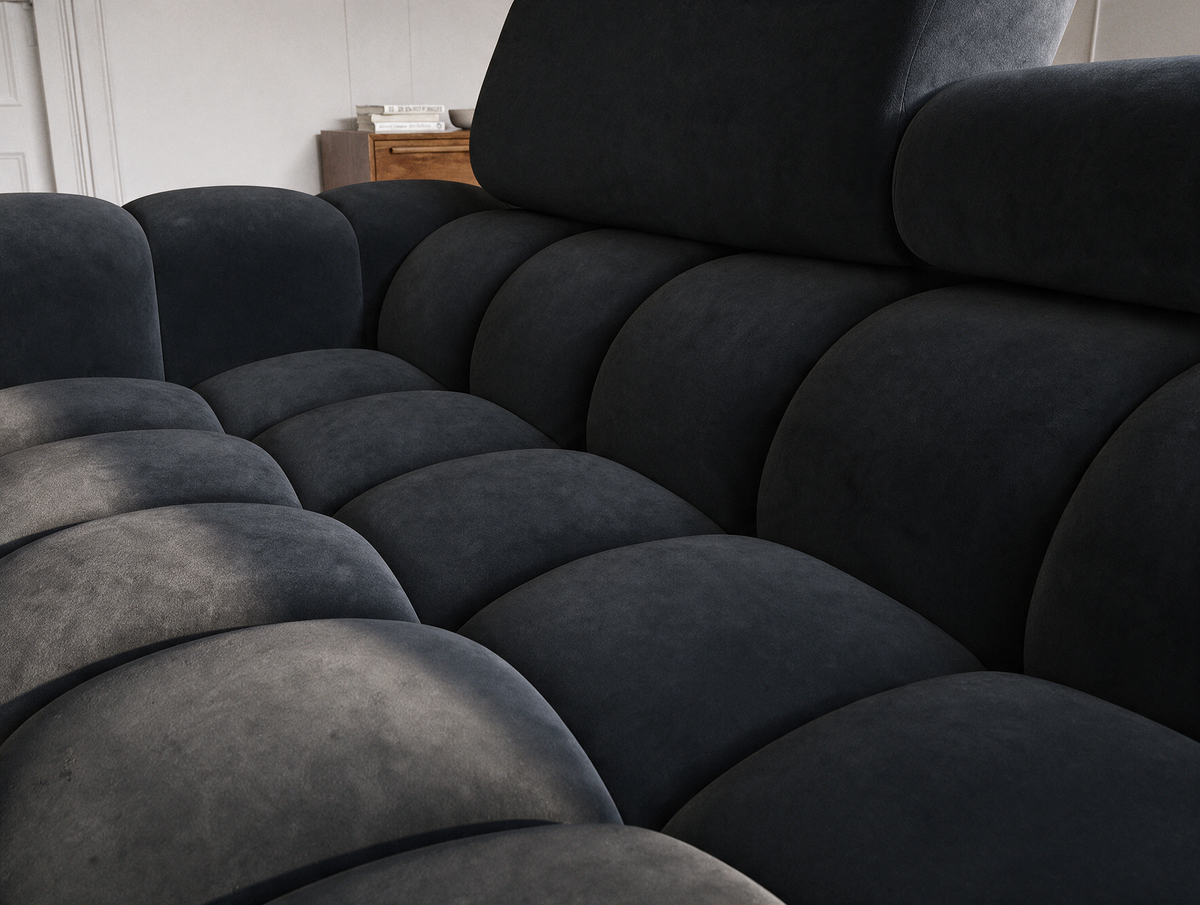 MONTCEAU ANGLE — Canapé d’angle velours noir à assise capitonnée