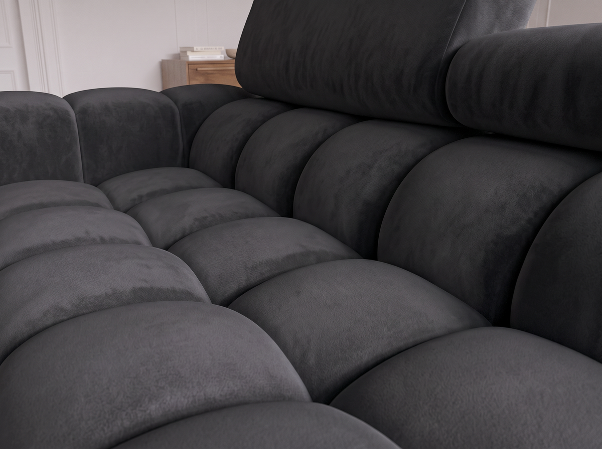 MONTCEAU ANGLE — Canapé d’angle velours noir à assise capitonnée