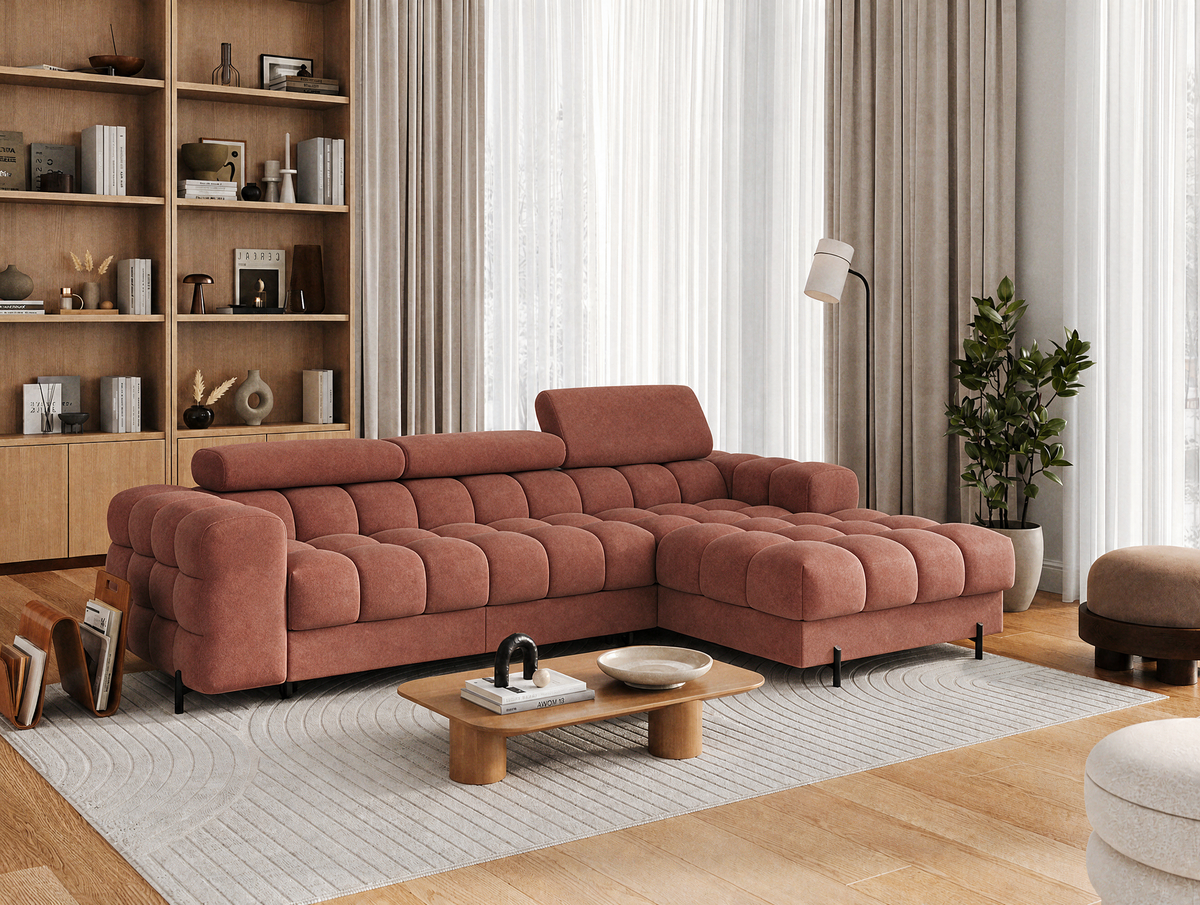 MONTCEAU ANGLE — Canapé d’angle velours terracotta avec accoudoirs rembourrés