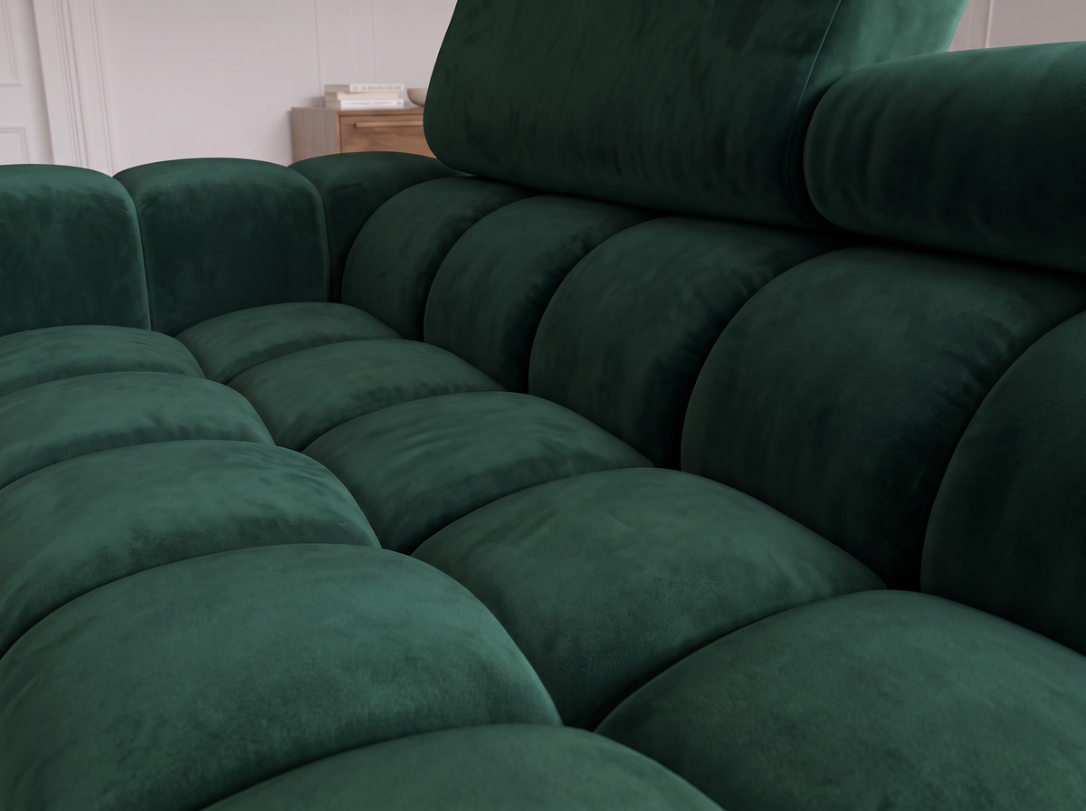 MONTCEAU ANGLE — Canapé d’angle velours vert sapin à assise capitonnée