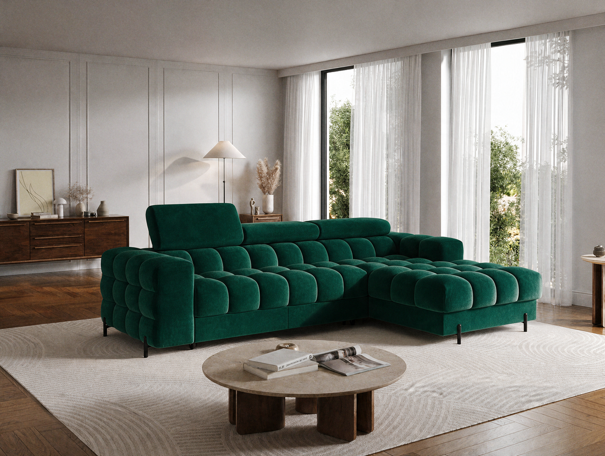 MONTCEAU ANGLE — Canapé d’angle velours vert sapin aux assises généreuses
