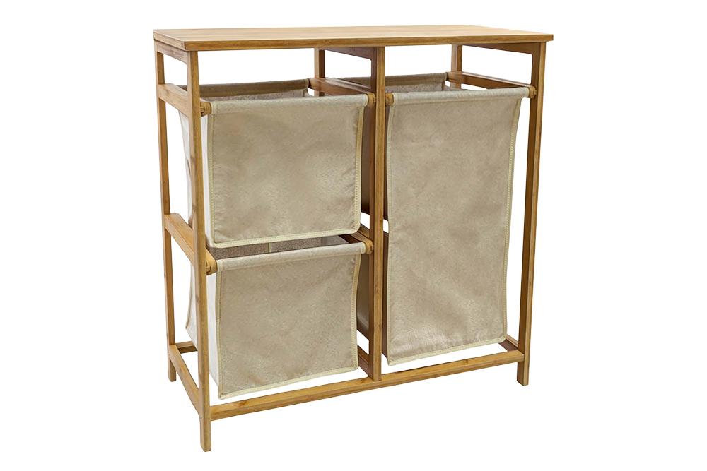 Panier à linge en bois massif LAGOON SPA 70cm naturel beige bambou trois sacs à linge lavables