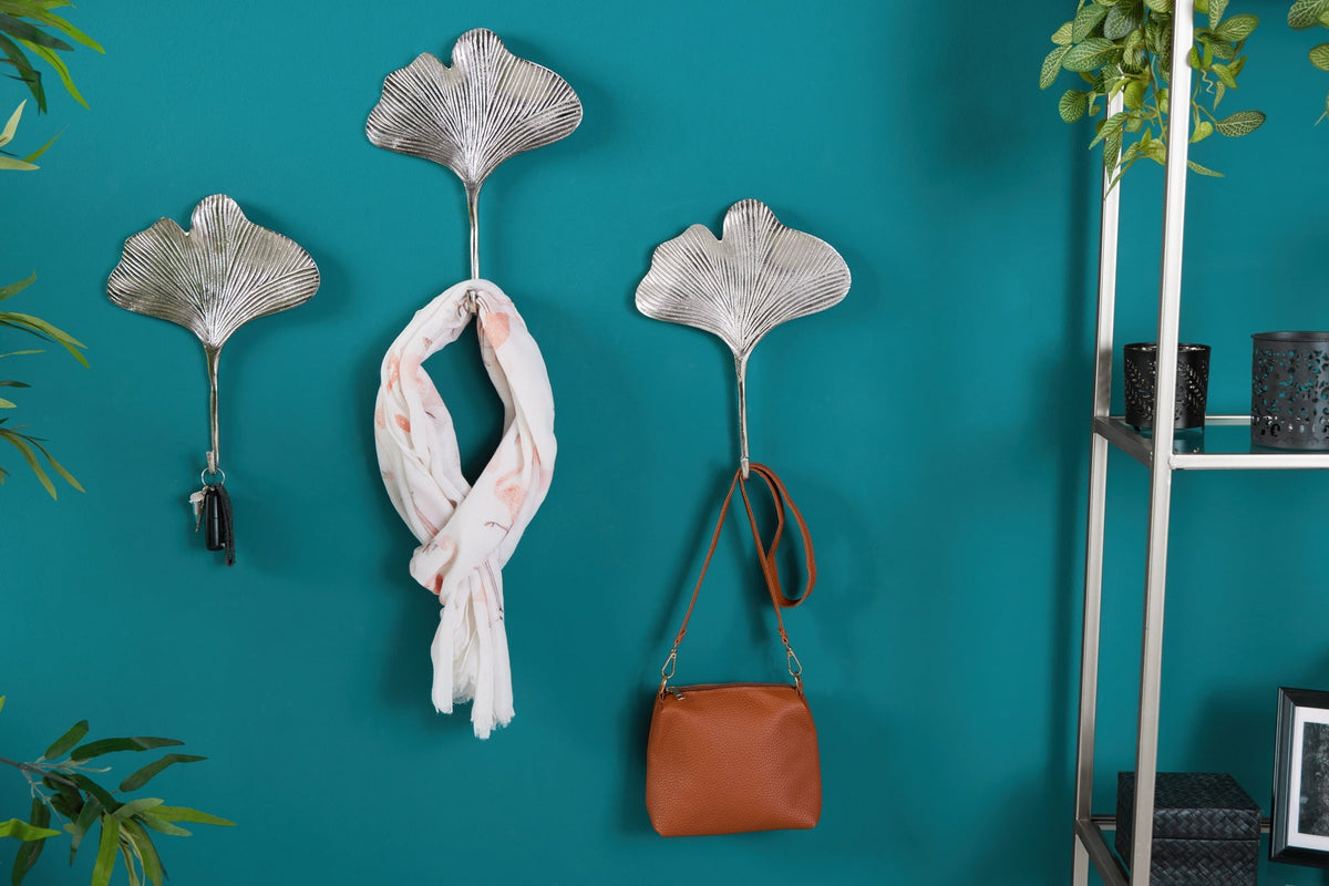 Patère décorative lot de 3 GINKGO 30cm métal argenté fait main