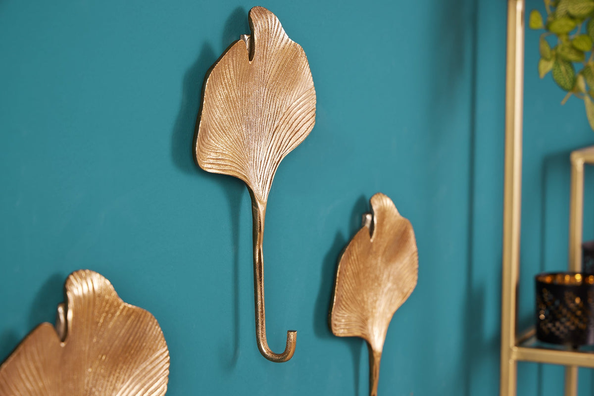 Patère décorative lot de 3 GINKGO 30cm métal doré fait main
