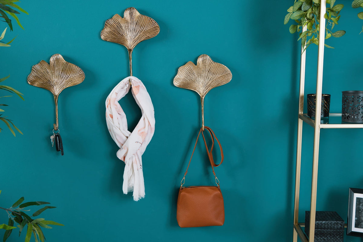 Patère décorative lot de 3 GINKGO 30cm métal doré fait main