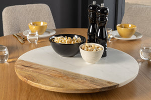 Plateau tournant fait main SERVANT 50cm marbre naturel blanc assiette décorative en bois de manguier ronde
