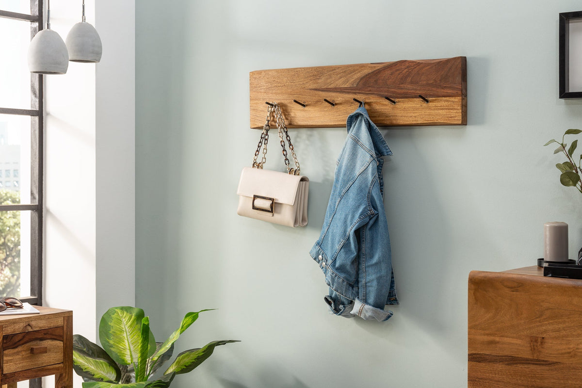 Porte-manteau mural en bois massif MAMMUT 80cm marron finition pierre Sheesham 6 patères