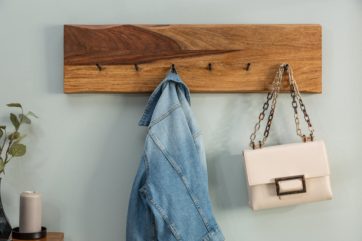 Porte-manteau mural en bois massif MAMMUT 80cm marron finition pierre Sheesham 6 patères