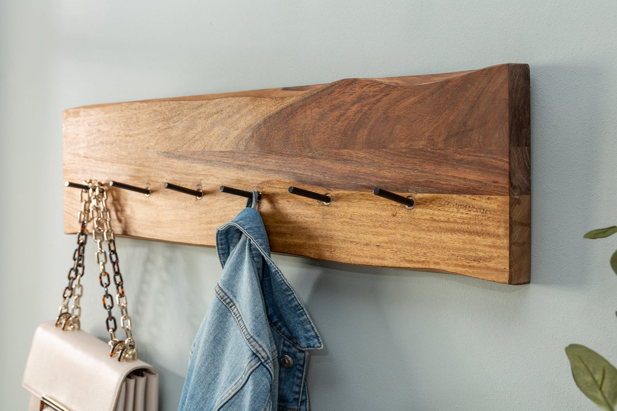 Porte-manteau mural en bois massif MAMMUT 80cm marron finition pierre Sheesham 6 patères
