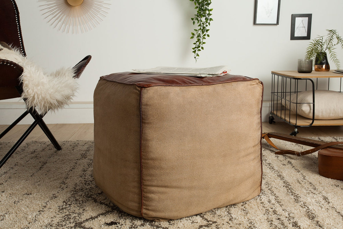 Pouf rétro MUSTANG 45 cm revêtement cuir avec assise en lin