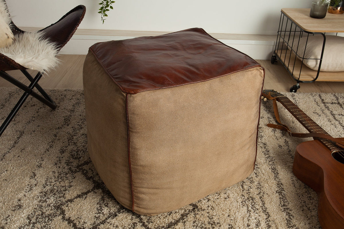 Pouf rétro MUSTANG 45 cm revêtement cuir avec assise en lin