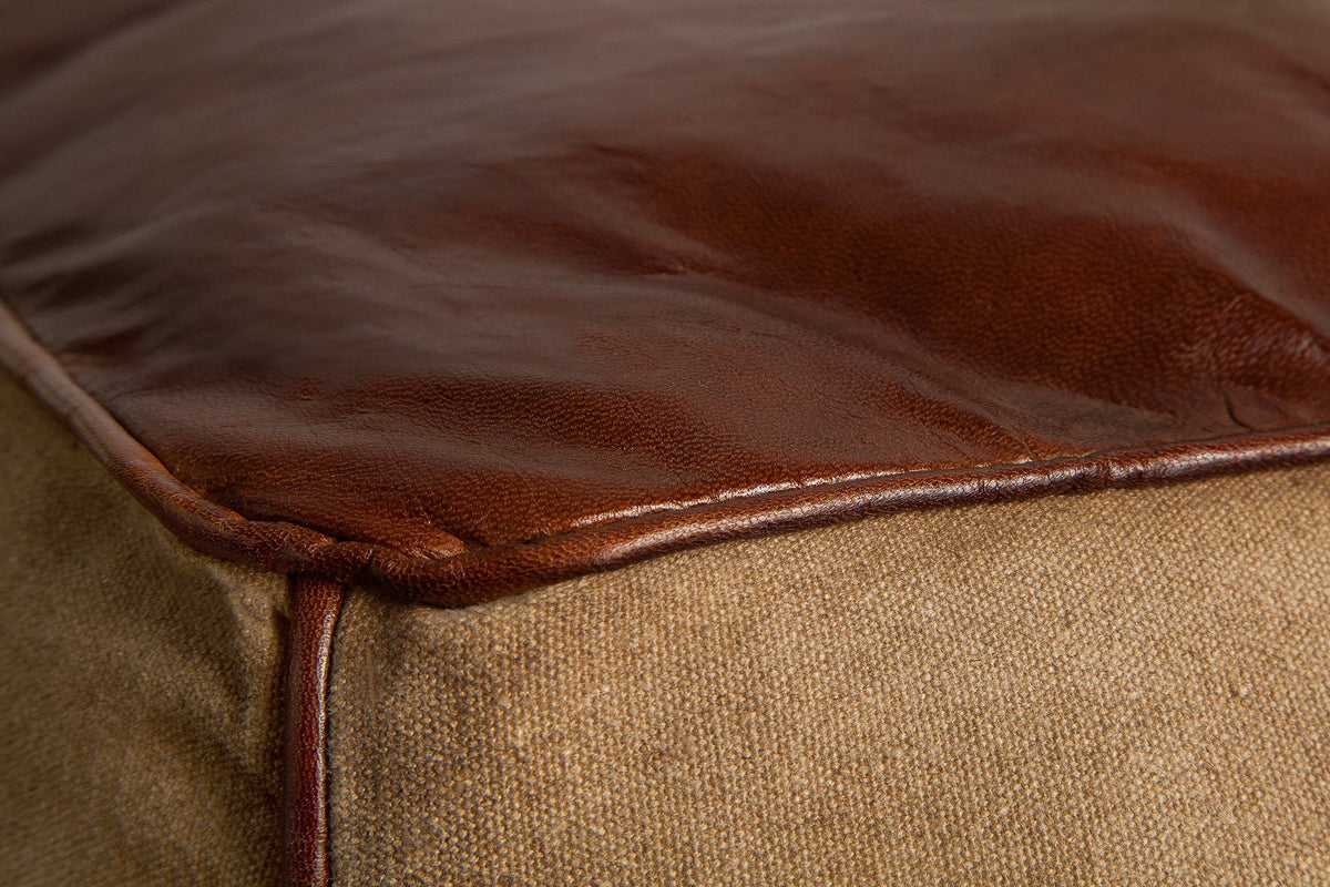 Pouf rétro MUSTANG 45 cm revêtement cuir avec assise en lin