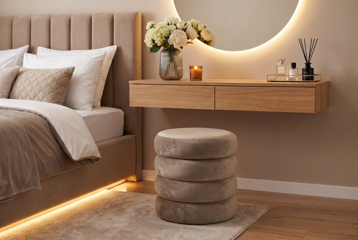 Pouf rond rembourré VOGUE 40cm champagne greige velours avec rangement