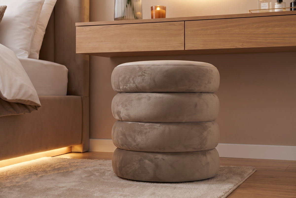 Pouf rond rembourré VOGUE 40cm champagne greige velours avec rangement