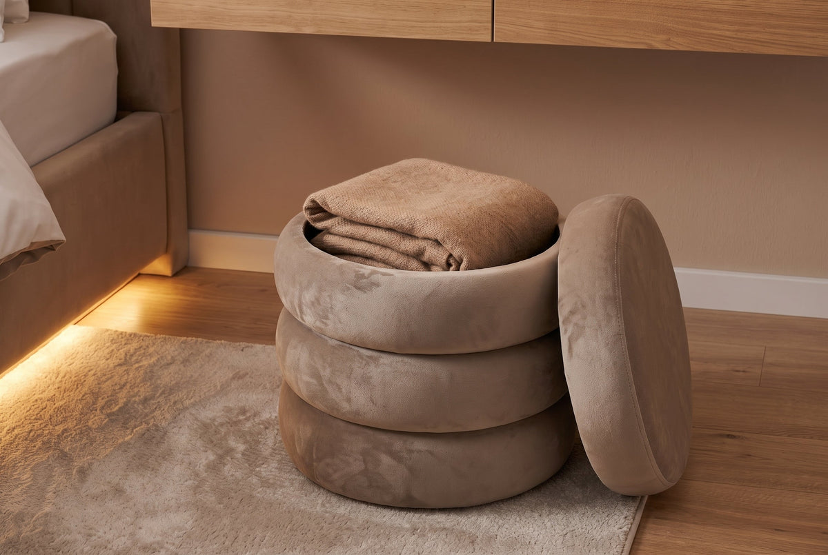 Pouf rond rembourré VOGUE 40cm champagne greige velours avec rangement