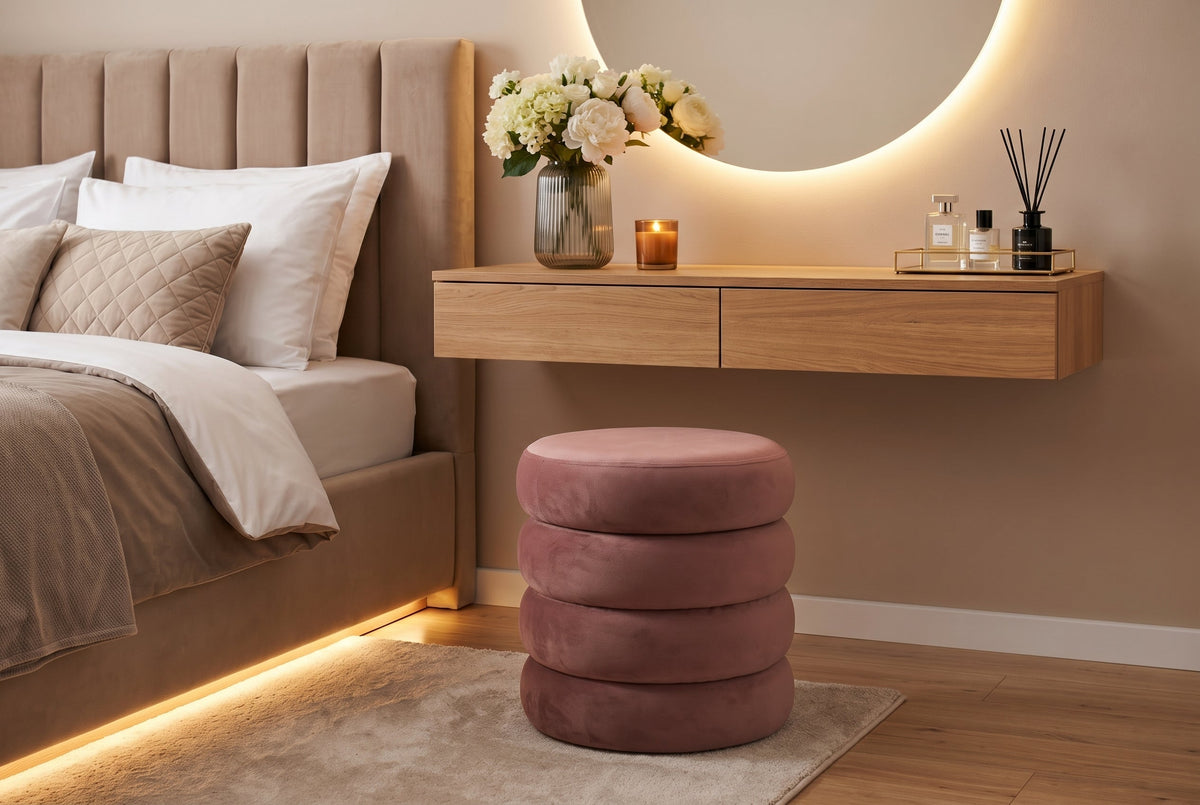 Poufs rembourrés ronds VOGUE 40cm rose velours avec rangement