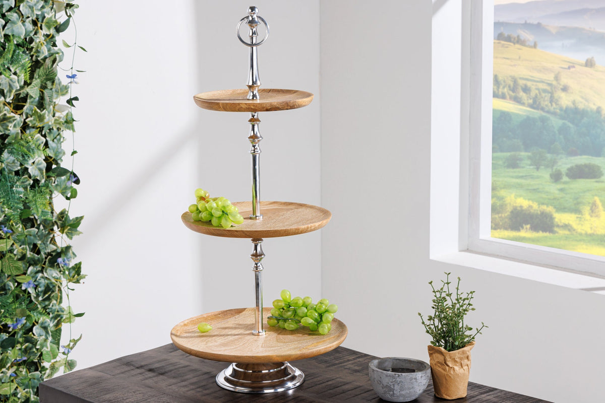 Présentoir à gâteaux décoratif PURE NATURE 68cm bois de manguier argenté fait main trois niveaux