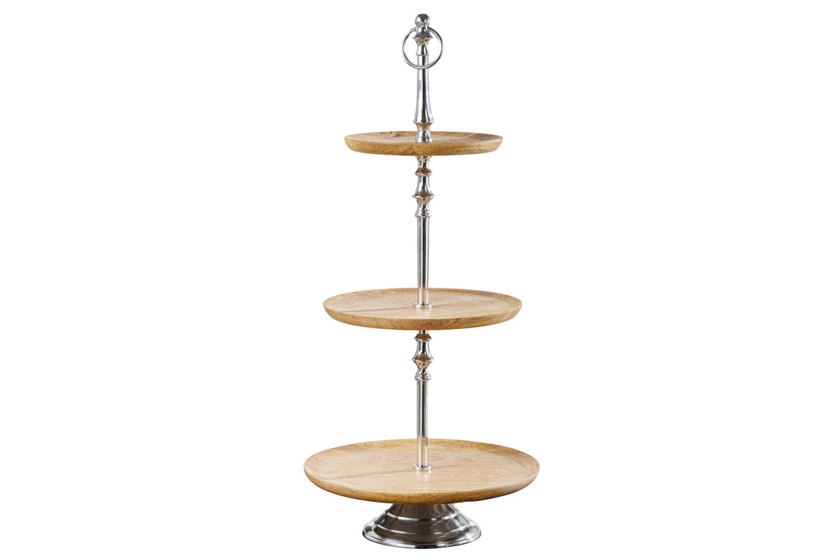 Présentoir à gâteaux décoratif PURE NATURE 68cm bois de manguier argenté fait main trois niveaux