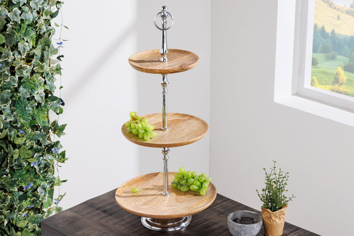Présentoir à gâteaux décoratif PURE NATURE 68cm bois de manguier argenté fait main trois niveaux