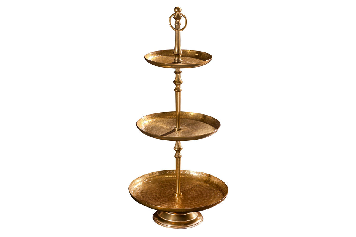 Présentoir à gâteaux design ORIENT 65cm doré finition marteau sauvage à trois niveaux