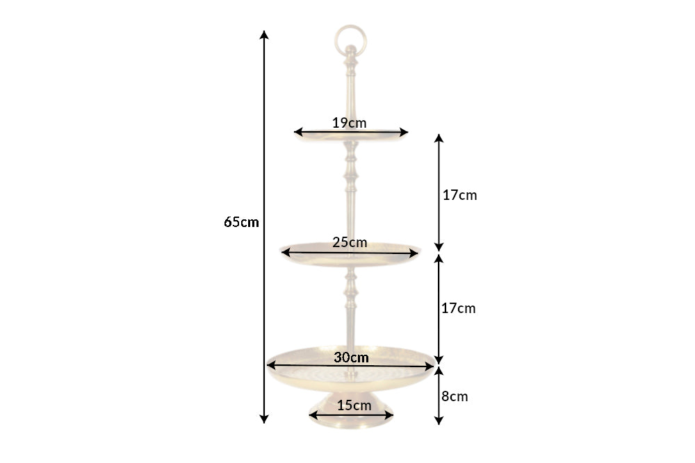 Présentoir à gâteaux design ORIENT 65cm doré finition marteau sauvage à trois niveaux