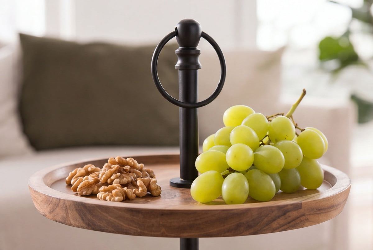 Présentoir à gâteaux en bois massif PURE NATURE 40cm manguier rond à deux niveaux en métal noir