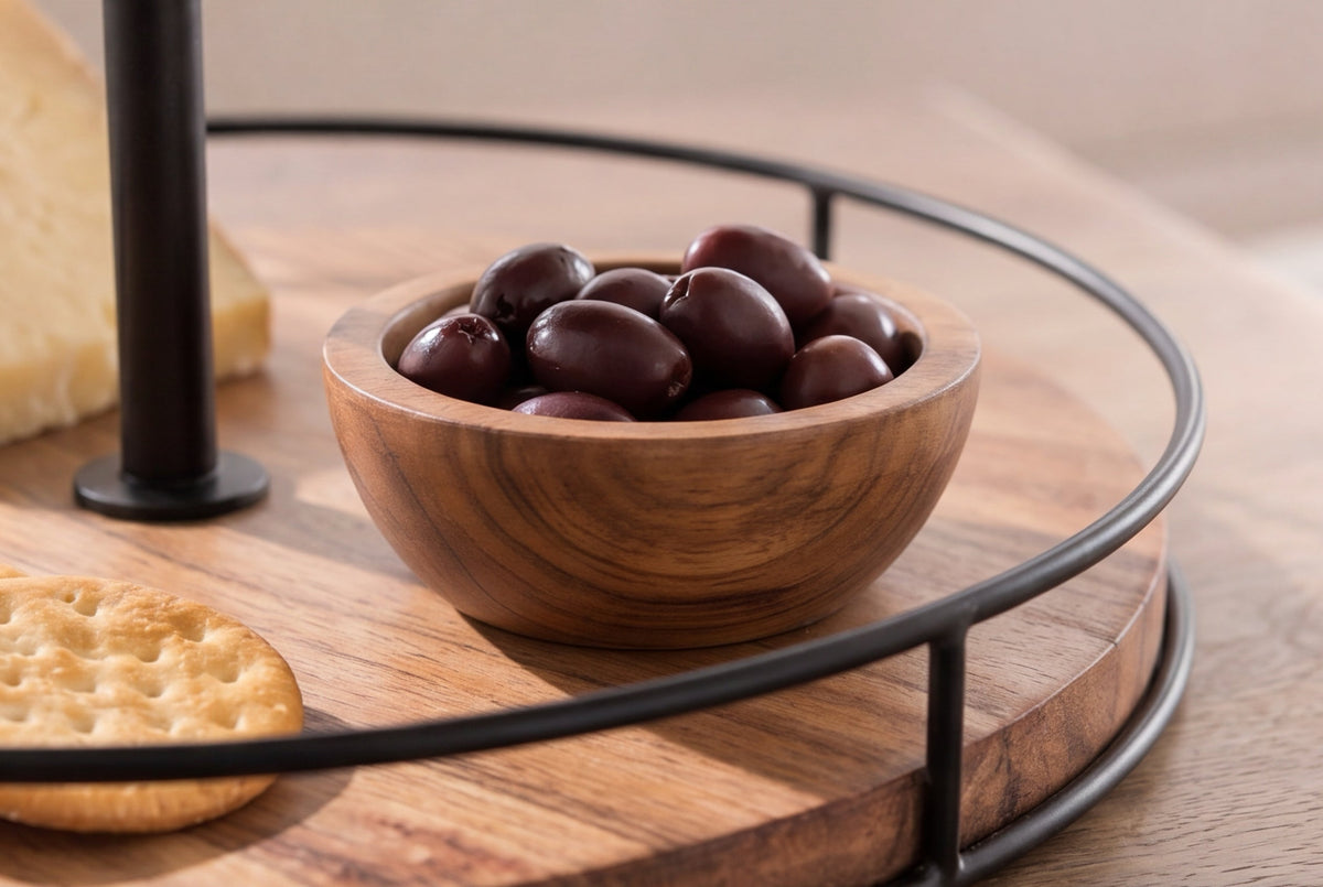 Présentoir à gâteaux en bois massif PURE NATURE 40cm manguier rond à deux niveaux en métal noir
