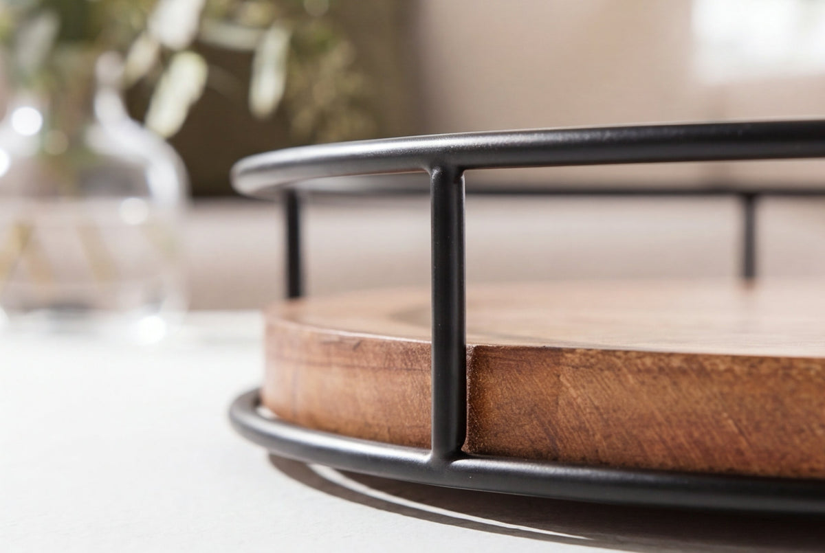 Présentoir à gâteaux en bois massif PURE NATURE 40cm manguier rond à deux niveaux en métal noir