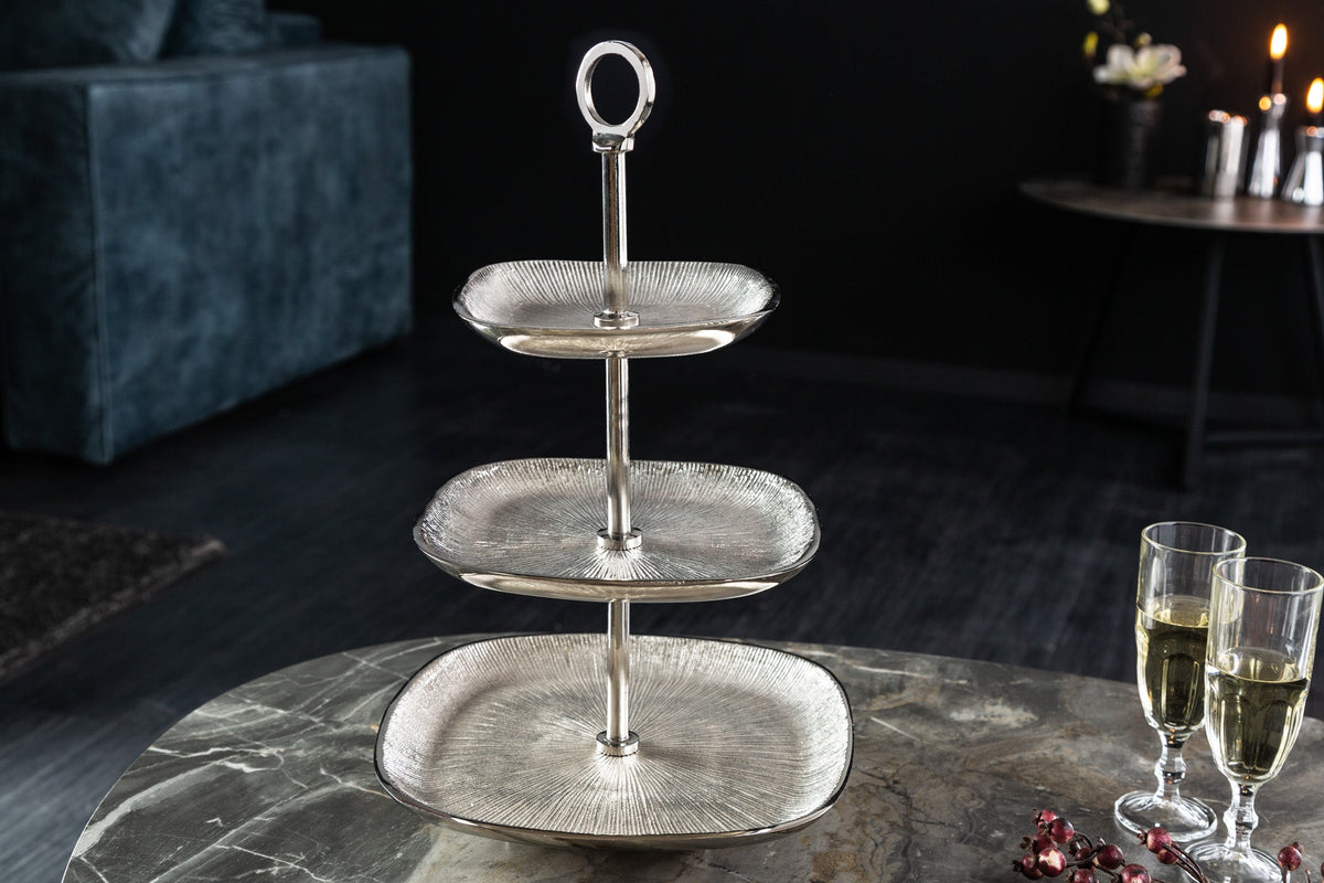 Présentoir à gâteaux moderne ORIENT 45cm design argent martelé à trois niveaux