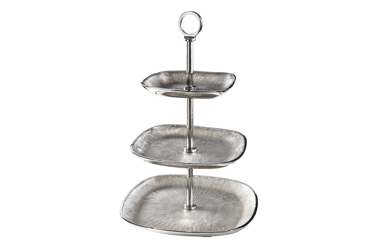 Présentoir à gâteaux moderne ORIENT 45cm design argent martelé à trois niveaux