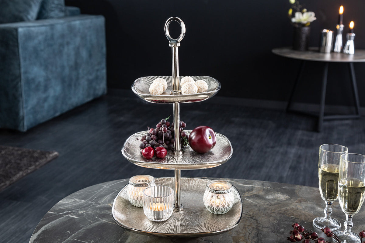 Présentoir à gâteaux moderne ORIENT 45cm design argent martelé à trois niveaux