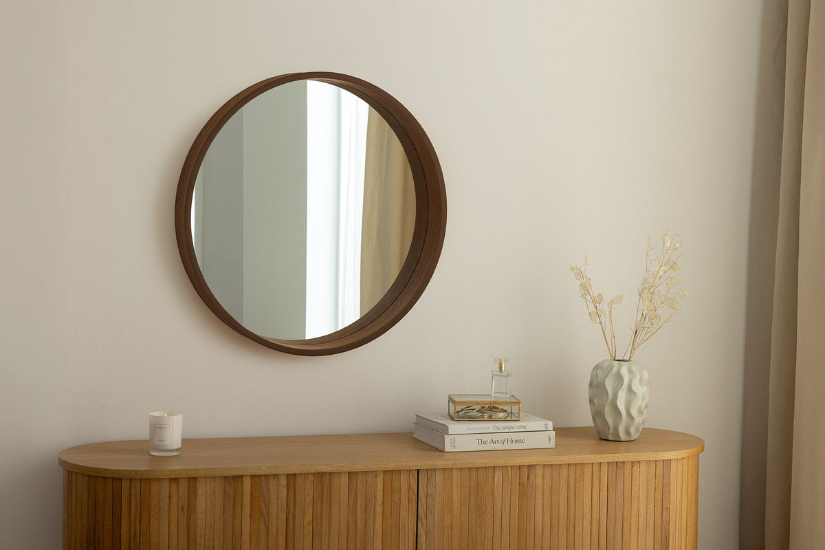 Runder Wandspiegel PORTRAIT 70cm braun Echtholzfurnier in Walnussholz-Design
