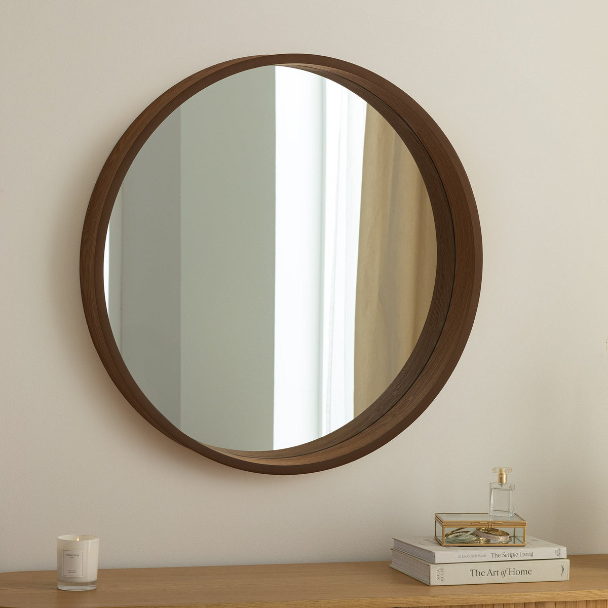 Runder Wandspiegel PORTRAIT 70cm braun Echtholzfurnier in Walnussholz-Design