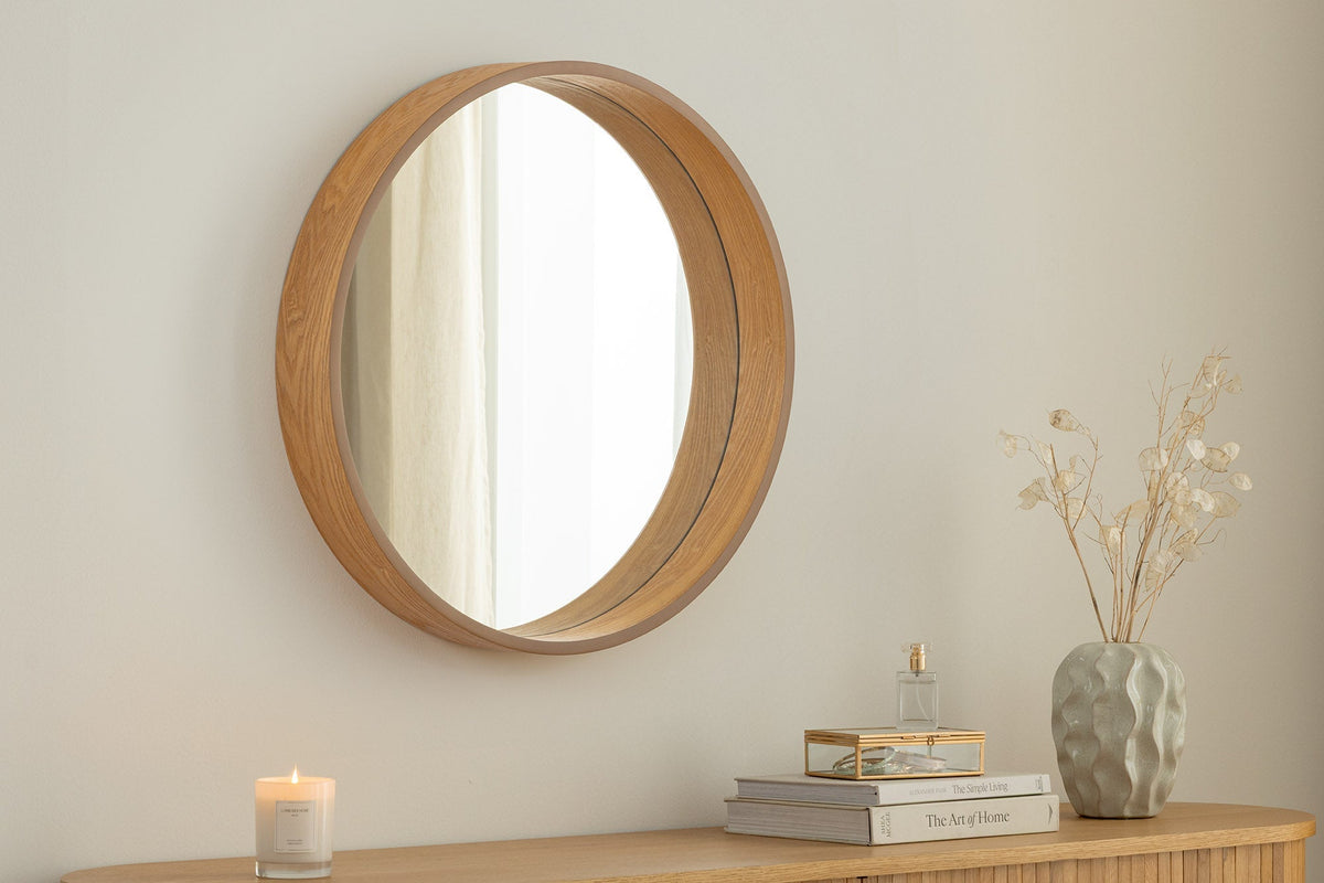 Runder Wandspiegel PORTRAIT 70cm natur Echtholzfurnier in Eichenholz-Design