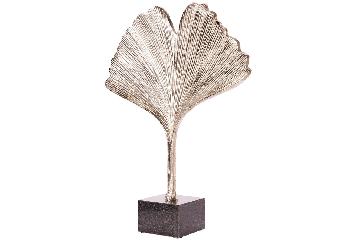 Sculpture décorative FEUILLE DE GINKGO 45cm en métal argenté fait main avec socle en marbre