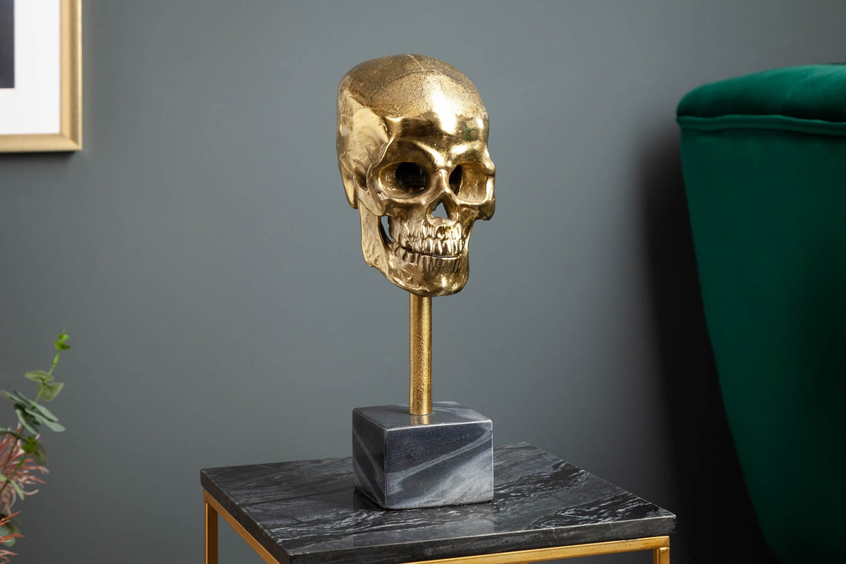 Sculpture élégante SKULL 35cm tête de mort dorée avec socle en marbre