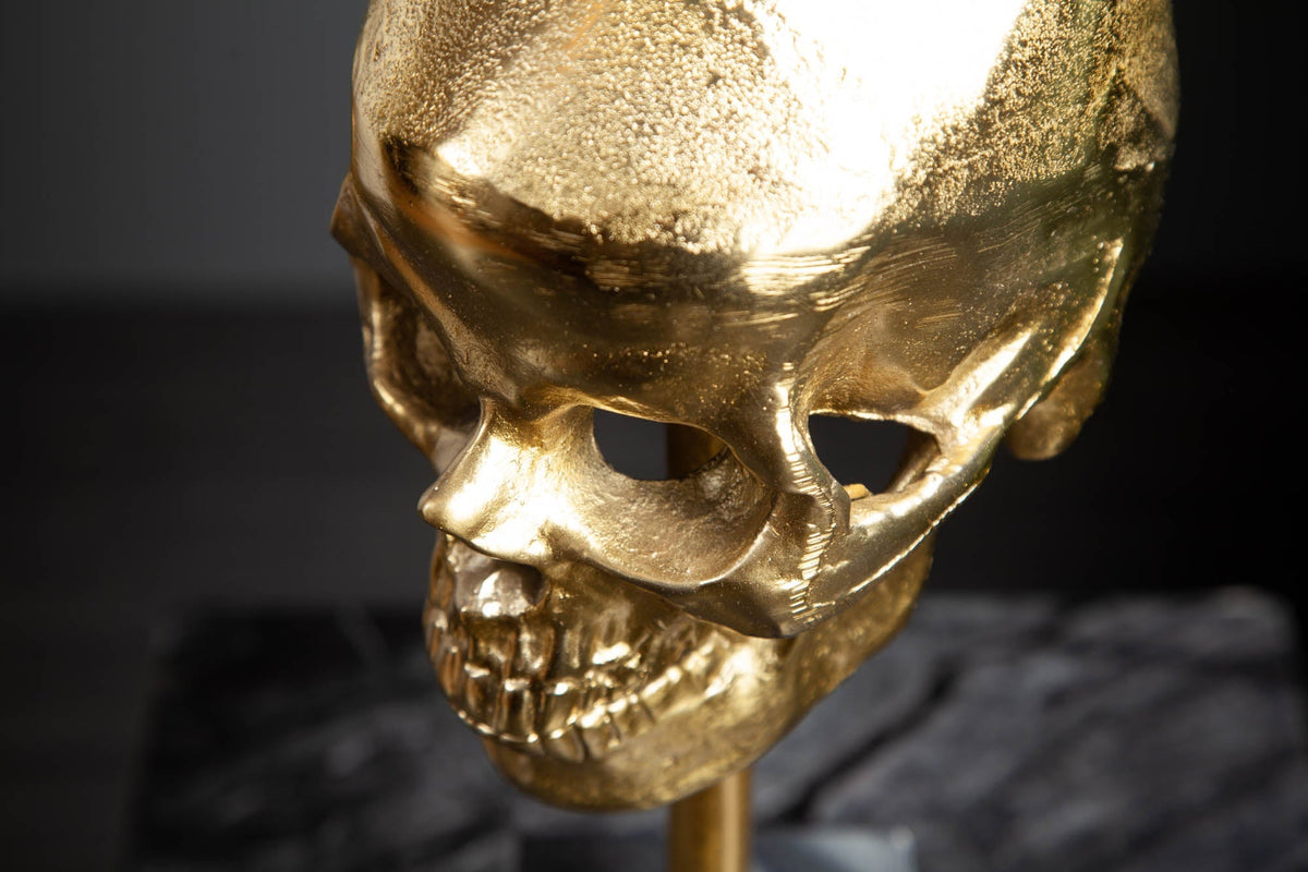 Sculpture élégante SKULL 35cm tête de mort dorée avec socle en marbre