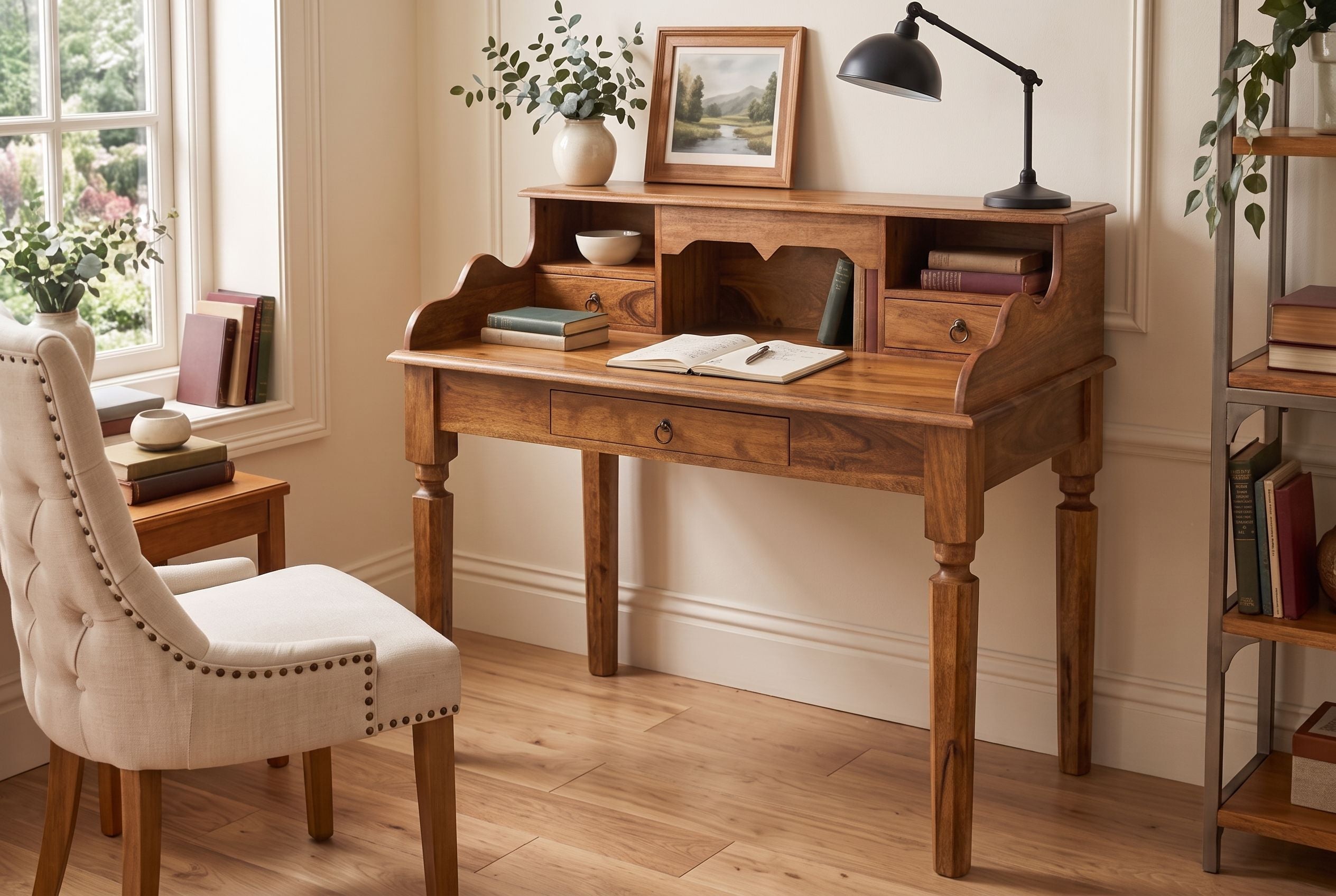 Secrétaire design HEMINGWAY L 115cm bureau bois massif sheesham marron finition pierre