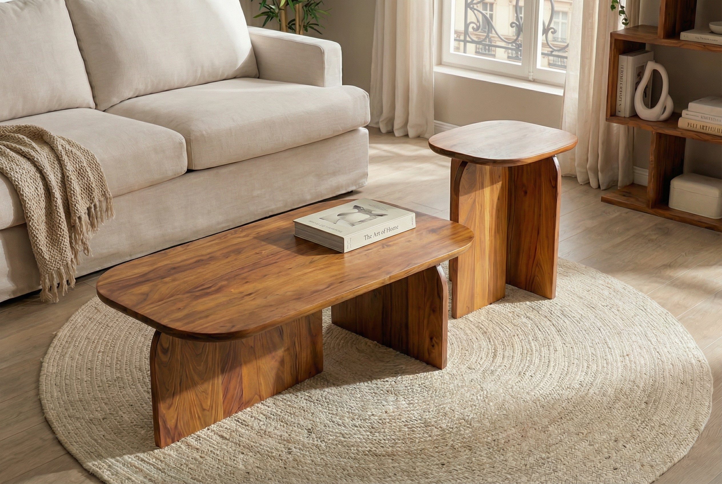 Set de 2 tables basses GATSBY 100 cm en bois d’acacia brun, forme organique, table d’appoint