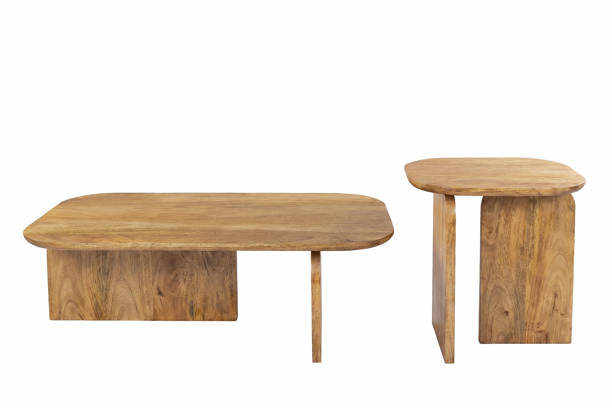 Set de 2 tables basses GATSBY 100 cm en bois de mangue brun, forme organique, table d’appoint