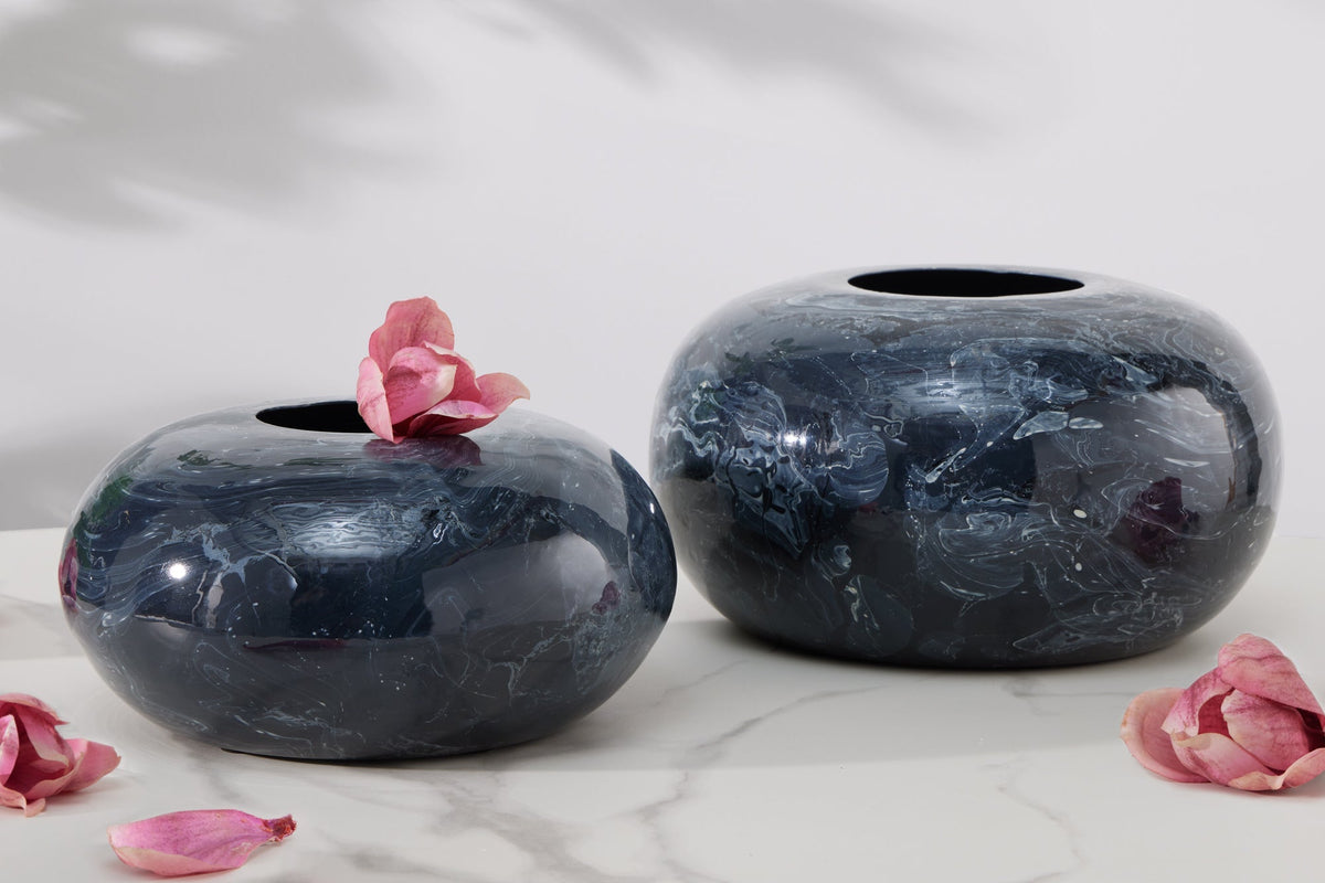 Set design de 2 vases STONE 25cm noir marbré fait main