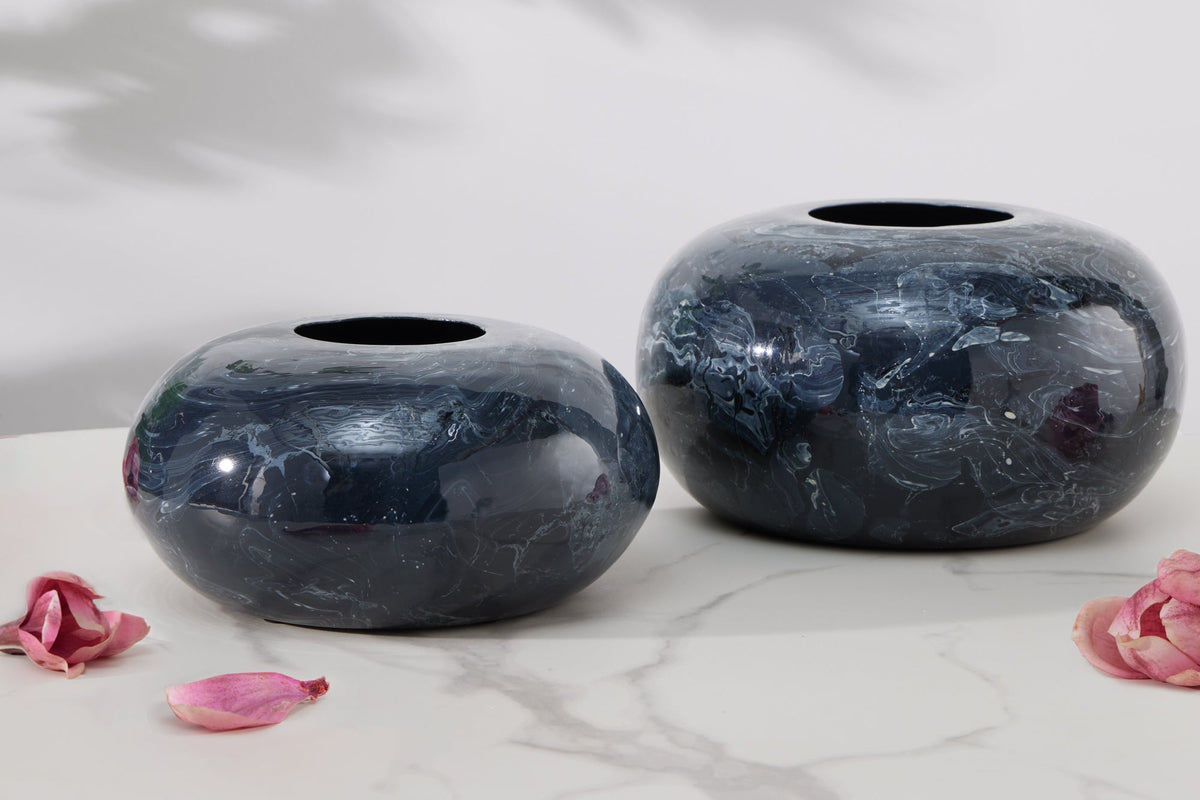 Set design de 2 vases STONE 25cm noir marbré fait main