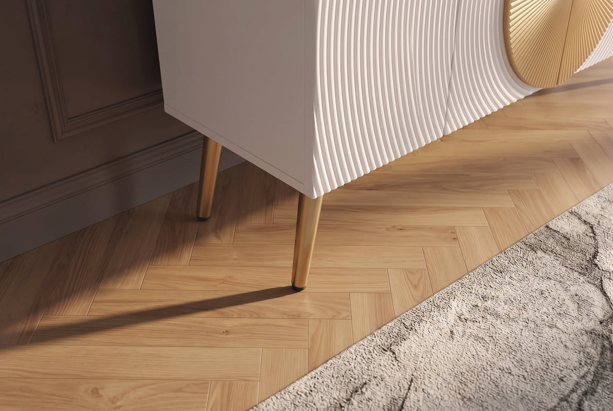 Sideboard massif AURUM 180cm blanc bois de mangue avec élément doré emblématique
