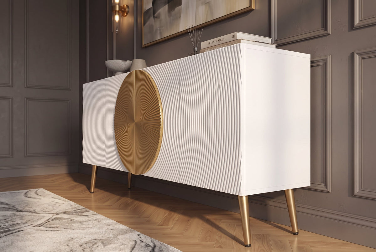 Sideboard massif AURUM 180cm blanc bois de mangue avec élément doré emblématique
