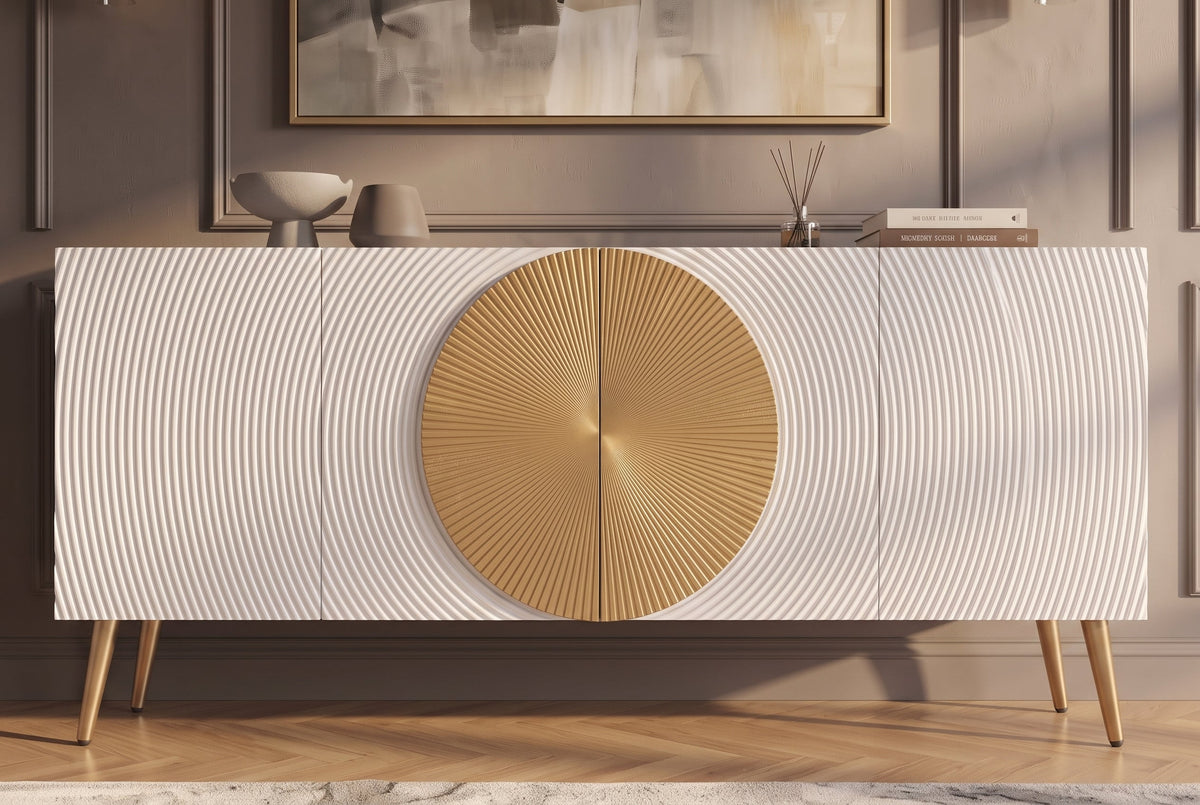 Sideboard massif AURUM 180cm blanc bois de mangue avec élément doré emblématique