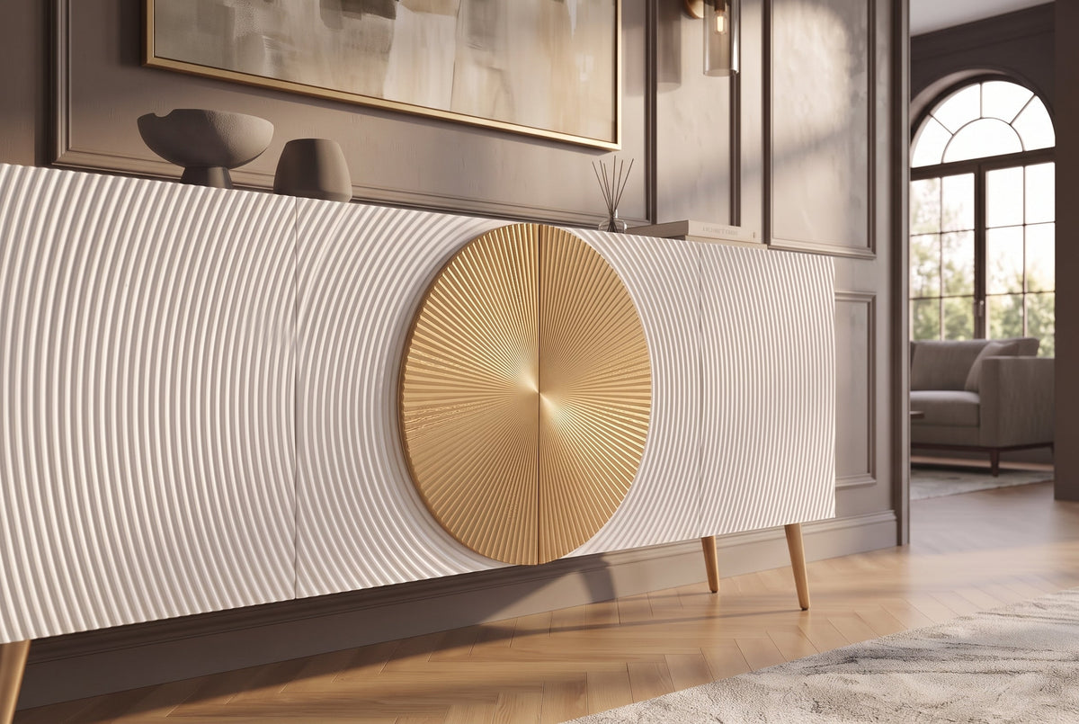 Sideboard massif AURUM 180cm blanc bois de mangue avec élément doré emblématique