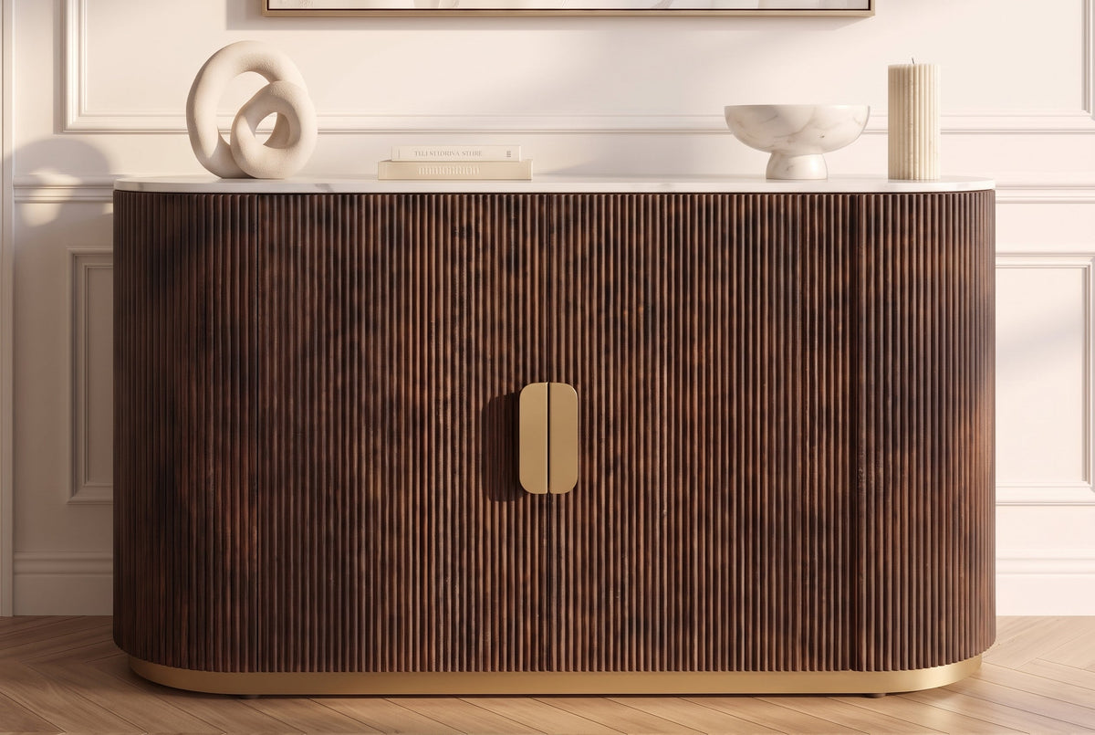 Sideboard massif GATSBY 120cm bois de manguier brun métal or plateau de marbre blanc